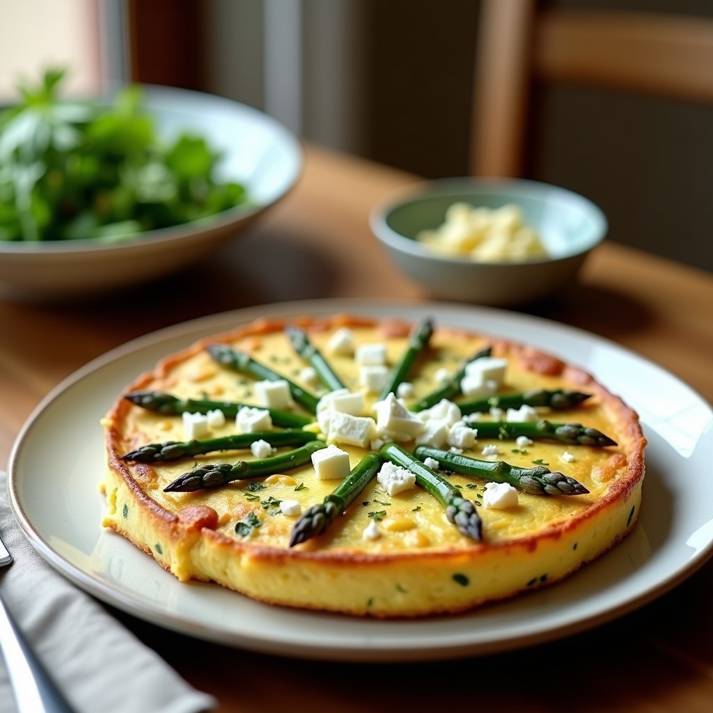Tortilla dorada y jugosa con trozos de espárragos trigueros verdes y queso de cabra desmenuzado, servida en plato blanco con ensalada de fondo, receta primaveral.