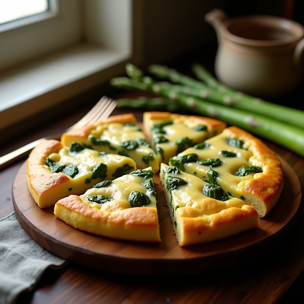 Tortilla dorada y esponjosa de espárragos trigueros y queso Idiazábal ahumado, cortada en porciones sobre una tabla de madera rústica con un tenedor de fondo.