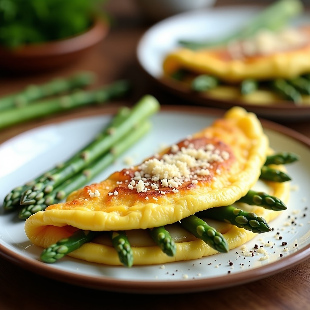 Tortilla de espárragos trigueros dorada y esponjosa, con trozos verdes de espárragos asomando, servida en un plato blanco rústico con queso manchego rallado por encima.