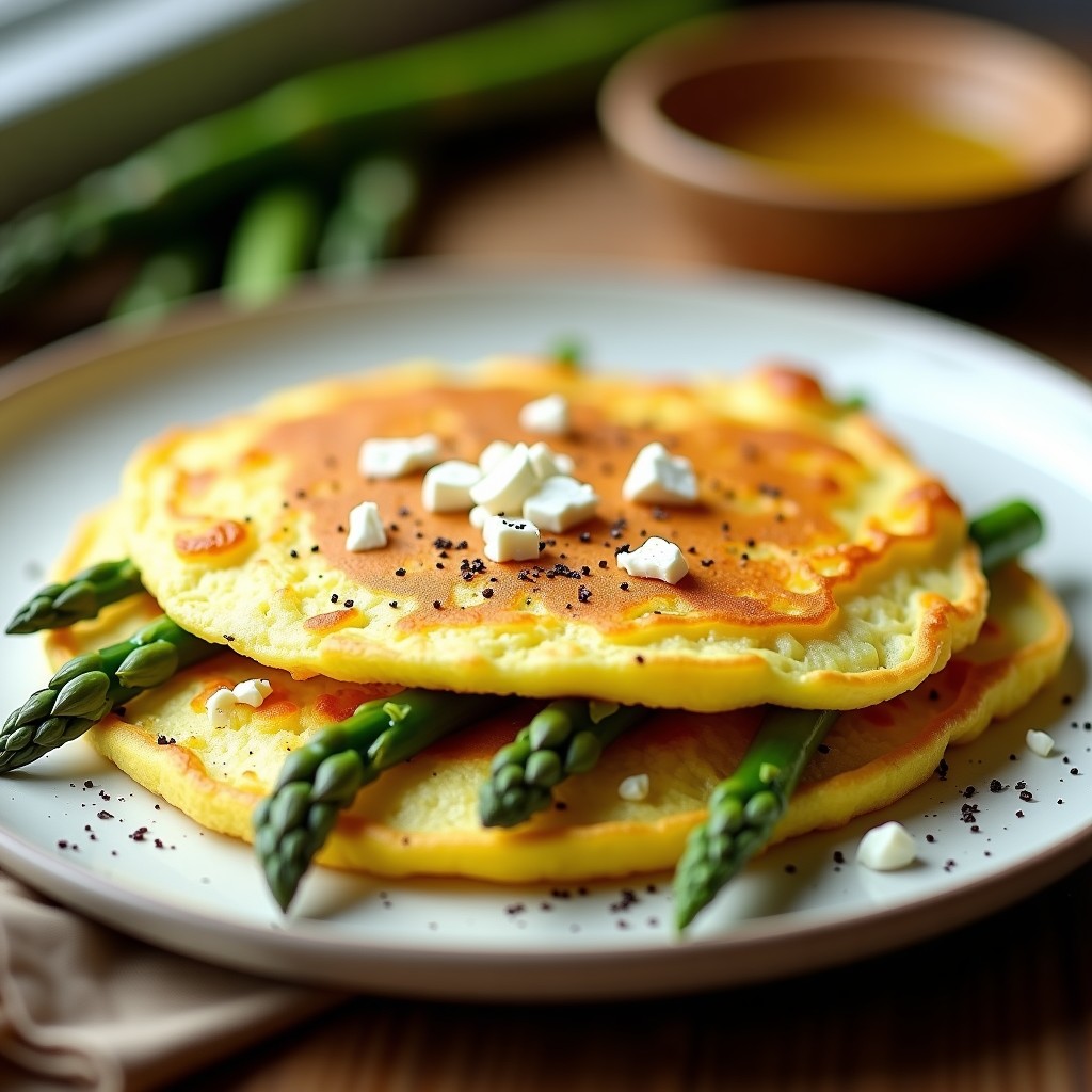 Tortilla dorada y esponjosa con espárragos trigueros verdes asomando, queso de cabra desmenuzado y un toque de pimienta negra, servida en plato blanco rústico.