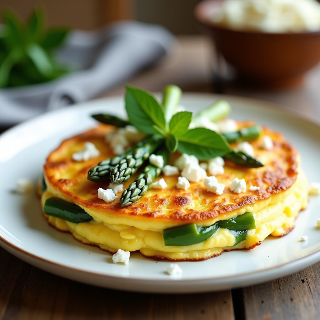 Tortilla dorada y esponjosa con trozos de espárragos trigueros verdes y queso feta desmenuzado, servida en plato blanco sobre fondo rústico de madera.