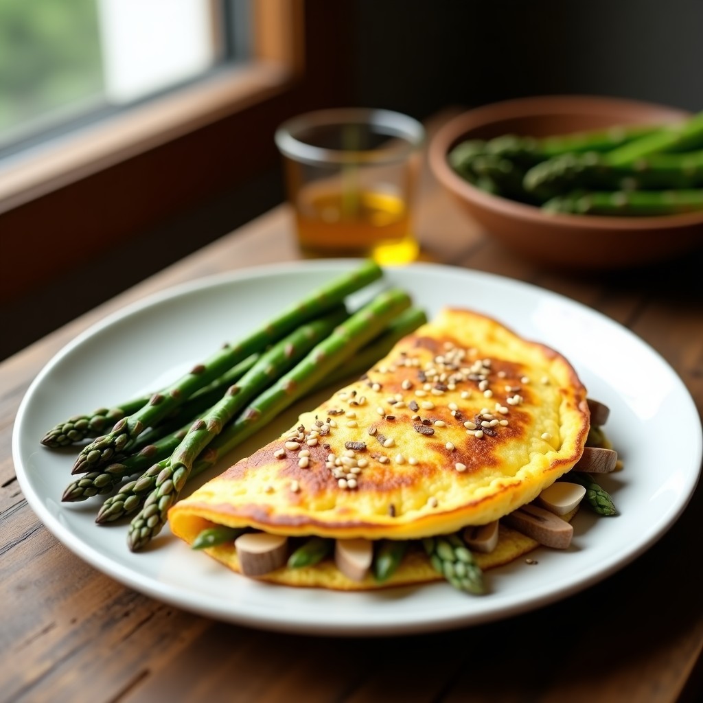 Tortilla dorada y esponjosa de espárragos trigueros con umami, cocinada en airfryer, servida en plato blanco con espárragos verdes asomando y semillas de sésamo espolvoreadas.