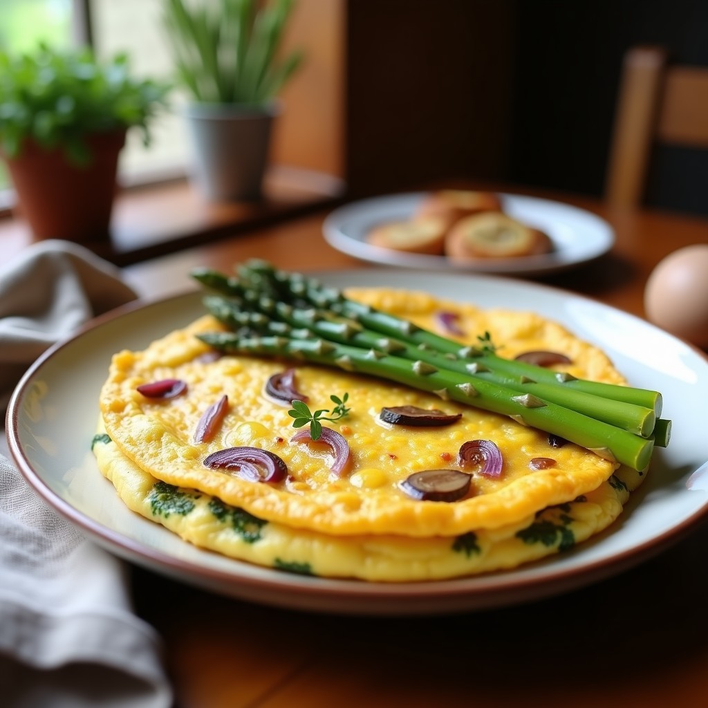 Tortilla esponjosa de espárragos trigueros con trozos verdes vibrantes y toques dorados, servida en plato blanco rústico con fondo de madera.
