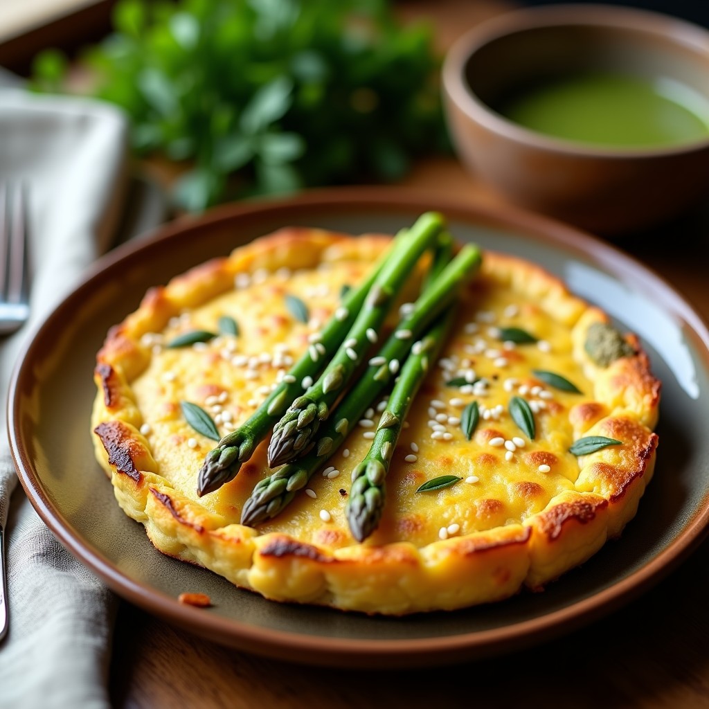 Tortilla vegana dorada y esponjosa con espárragos trigueros salteados, decorada con semillas de sésamo y servida en un plato de barro rústico.
