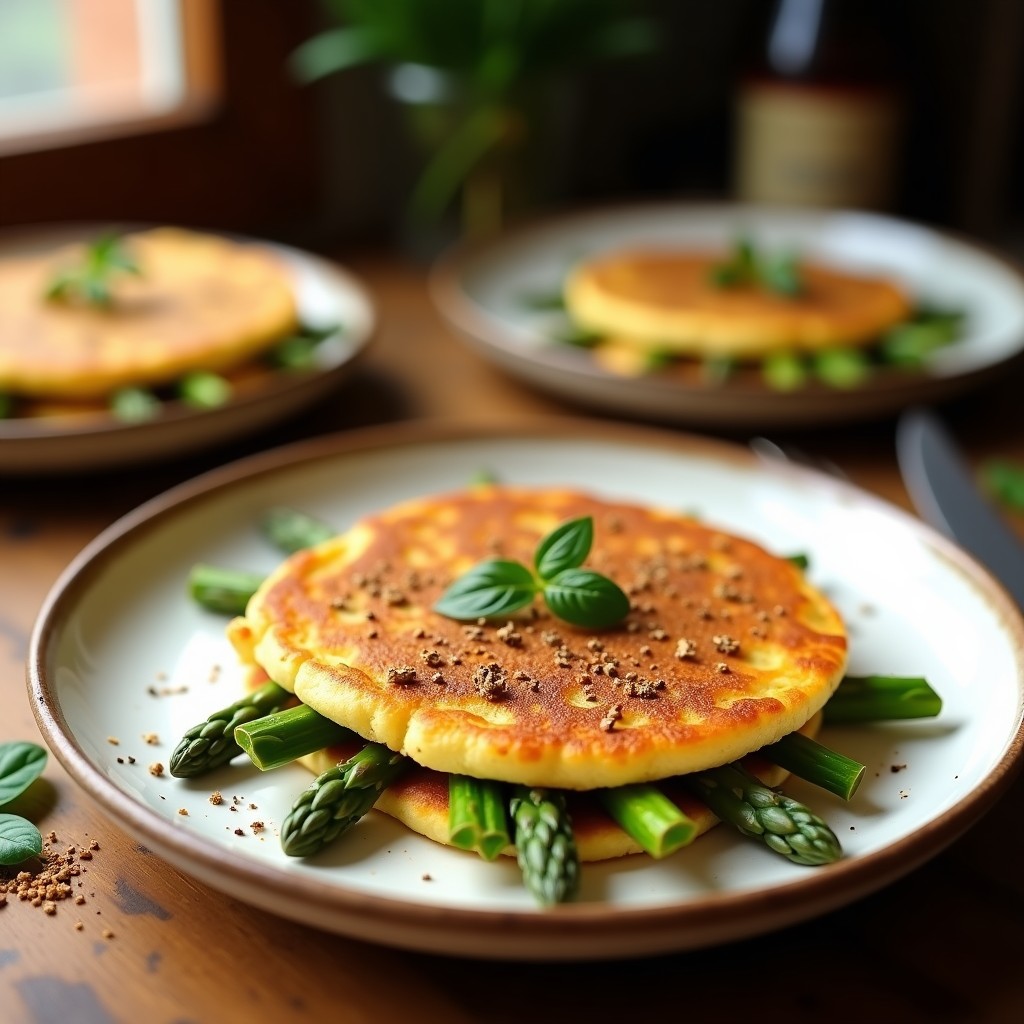 Tortilla dorada y esponjosa con trozos de espárragos trigueros salteados, espolvoreada con zaatar, servida en plato blanco rústico con fondo de madera.