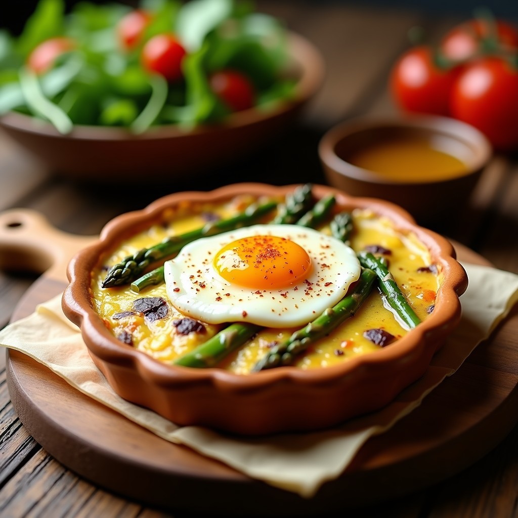 Tortilla de espárragos trinidad y huevo de codorniz dorada y esponjosa, servida en plato blanco con perejil fresco, receta española en airfryer.