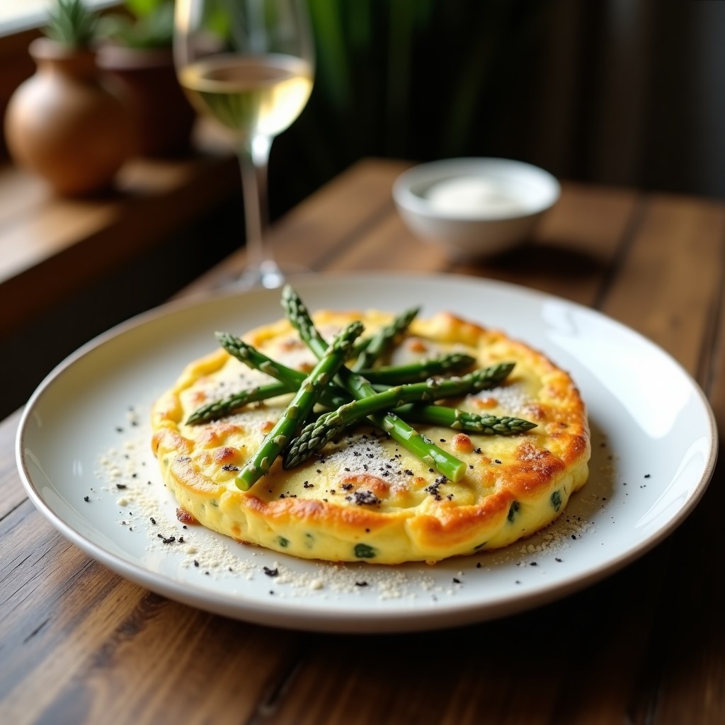 Tortilla dorada y esponjosa de espárragos verdes y trufa negra, servida en plato blanco con virutas de parmesano y espárragos asomando, receta gourmet de vealada.