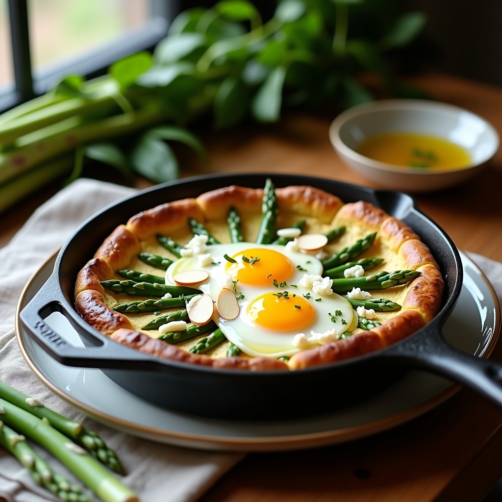 Tortilla dorada y esponjosa con espárragos verdes salteados, huevo campero, queso de cabra desmenuzado y almendras fileteadas, servida en plato de barro con fondo rústico.