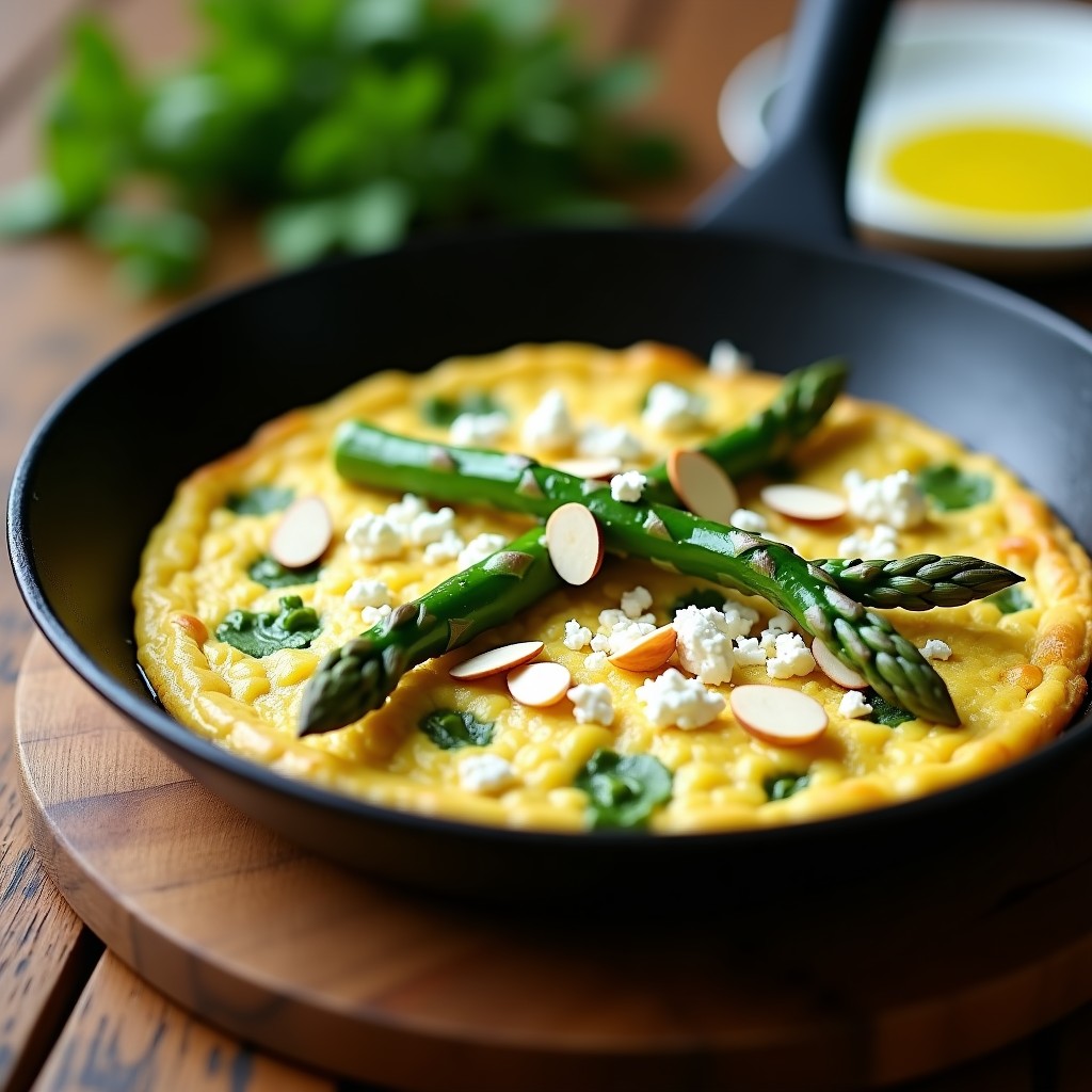 Tortilla dorada y esponjosa de espárragos verdes y queso feta en sartén antiadherente, con trozos de espárrago asomando y almendras fileteadas por encima, receta keto saludable.