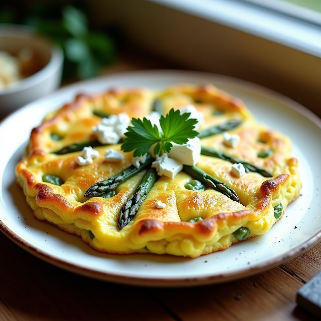 Tortilla de espárragos verdes en Thermomix, dorada y esponjosa, con trozos de espárragos verdes y queso feta desmenuzado, servida en plato blanco rústico.