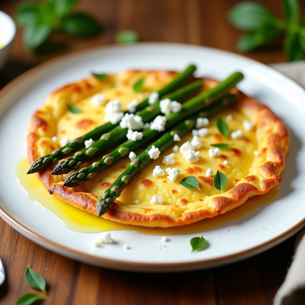 Tortilla dorada y esponjosa con espárragos verdes trigueros y trozos de queso feta, servida en plato blanco rústico, receta Thermomix.