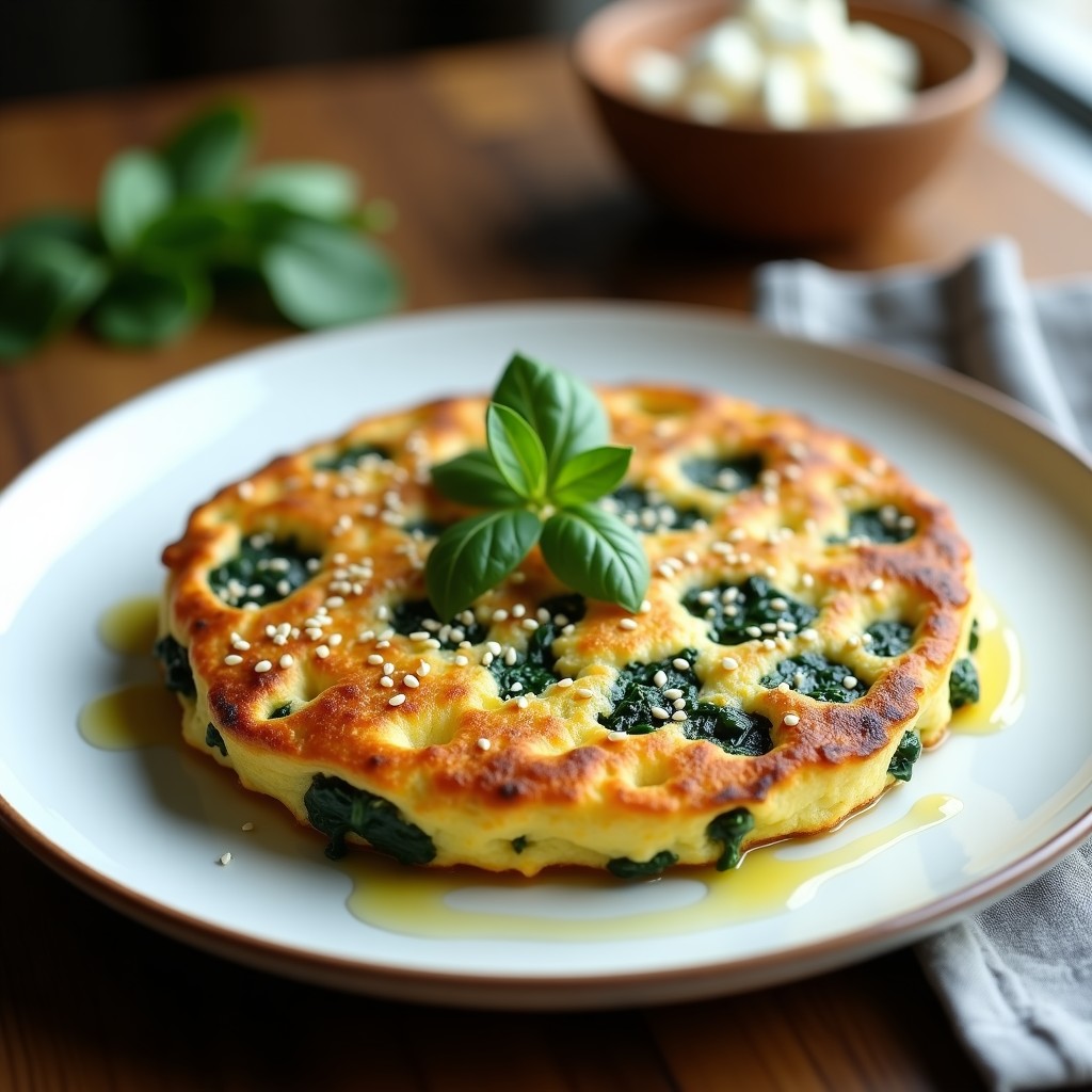 Tortilla esponjosa de espinacas y ajo negro en plato blanco, dorada por fuera y jugosa por dentro, servida con hilo de aceite de oliva y semillas de sésamo, receta en airfryer.