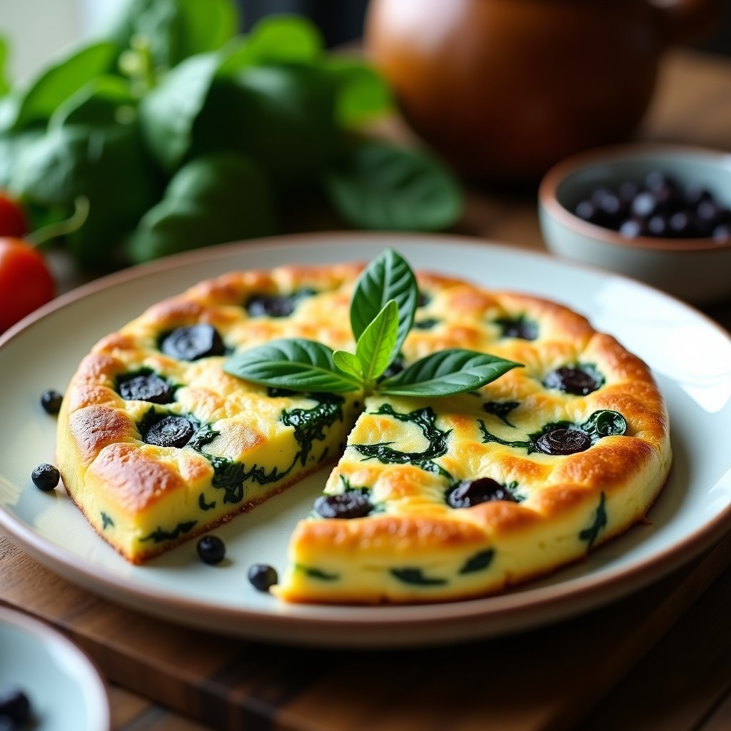 Tortilla dorada y esponjosa de espinacas y ajo negro servida en plato blanco, con trozos visibles de espinacas y ajo negro, receta Thermomix sin aceite.