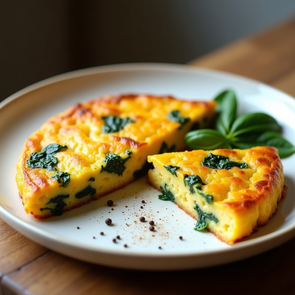 Tortilla dorada y esponjosa de espinacas y batata en Thermomix, cortada en porciones, con trozos visibles de batata y espinacas, servida en un plato blanco rústico.