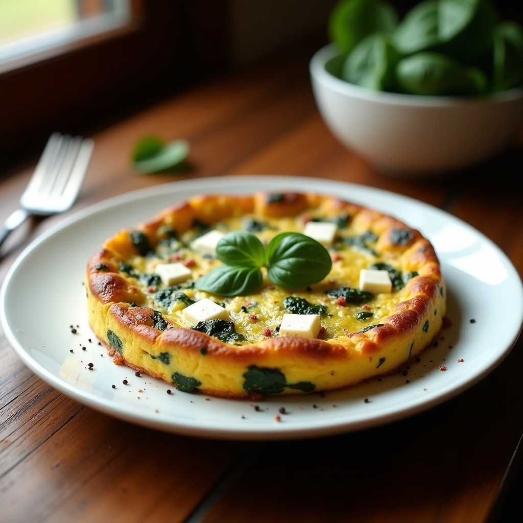 Tortilla dorada y esponjosa de espinacas y champiñones portobello, cocinada en airfryer, con trozos de queso feta fundido. Servida en plato blanco con fondo rústico de madera.