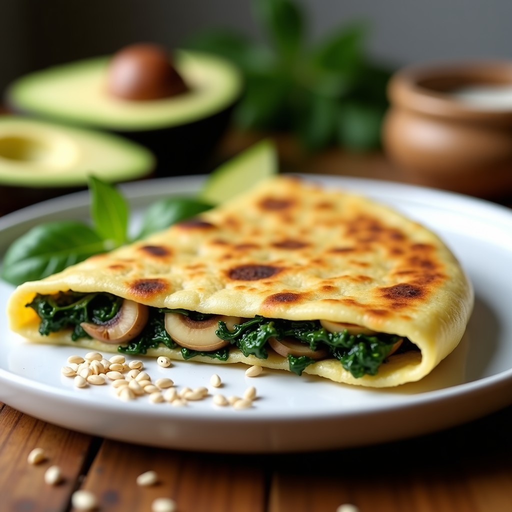 Tortilla keto dorada rellena de espinacas y champiñones, servida en un plato blanco con aguacate en rodajas al lado.