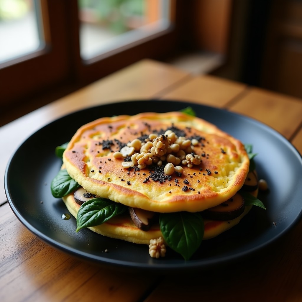 Tortilla vegana dorada con espinacas frescas y láminas de champiñones Portobello, coronada con ralladura de trufa negra y nueces picadas, servida sobre un plato negro con fondo rústico.