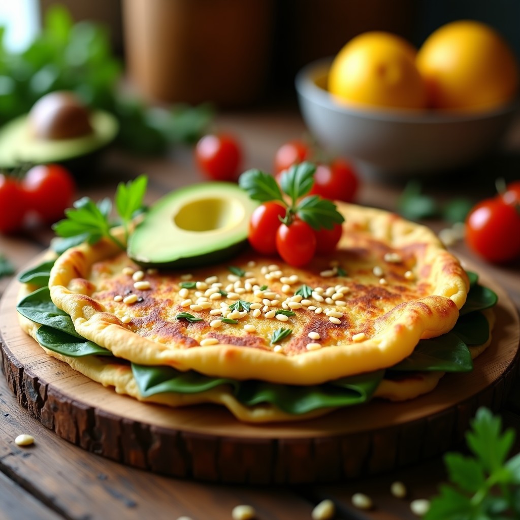 Tortilla vegana dorada y esponjosa de espinacas y coliflor en airfryer, con semillas de sésamo y acompañada de aguacate y tomate cherry.