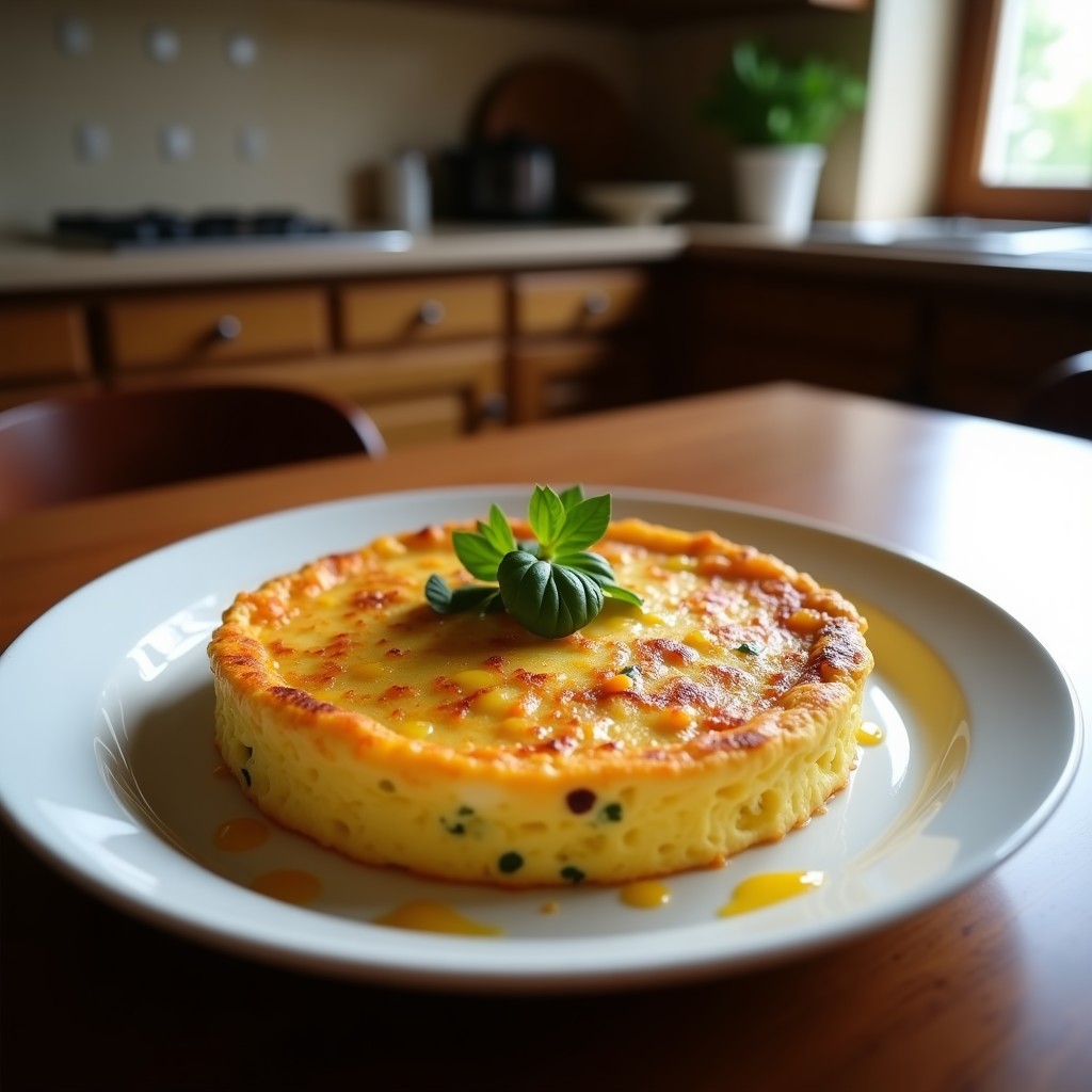 Tortilla dorada de espinacas y cúrcuma antiinflamatoria servida en plato blanco, con trozos de queso feta y espinacas visibles, acompañada de una ensalada verde.
