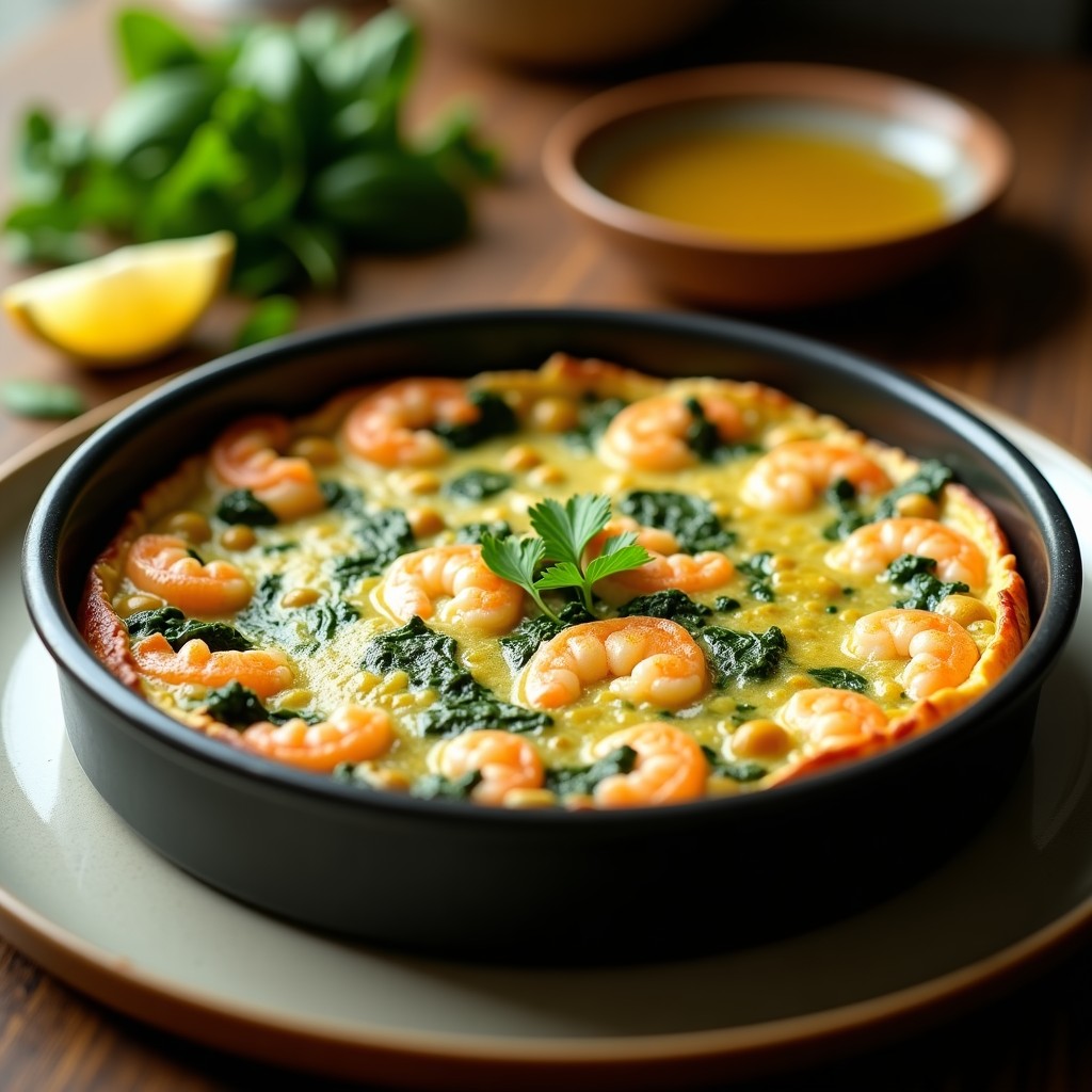 Tortilla dorada y esponjosa de espinacas y gambas en molde redondo, cocinada en airfryer, con perejil fresco espolvoreado y fondo rústico de madera.