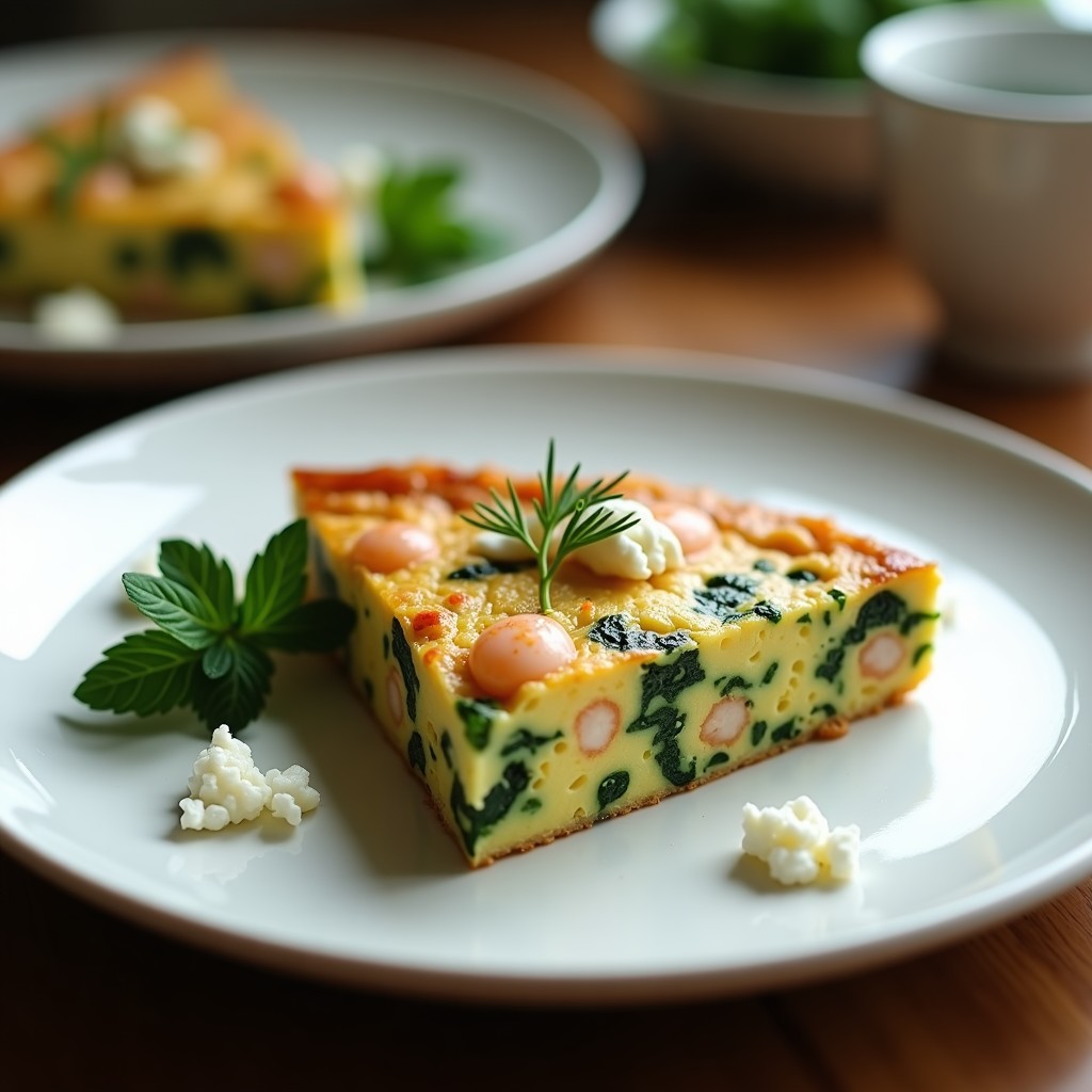 Tortilla esponjosa de color verde claro con trozos de gambas rosadas y queso feta desmenuzado, servida en un plato blanco con hierbas frescas al lado, receta Thermomix.