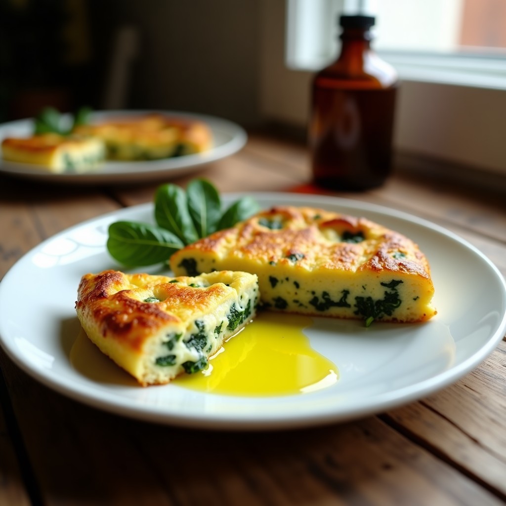 Tortilla dorada y esponjosa con espinacas y trozos de gorgonzola derretido, servida en plato blanco con hilo de aceite de oliva, receta airfryer.