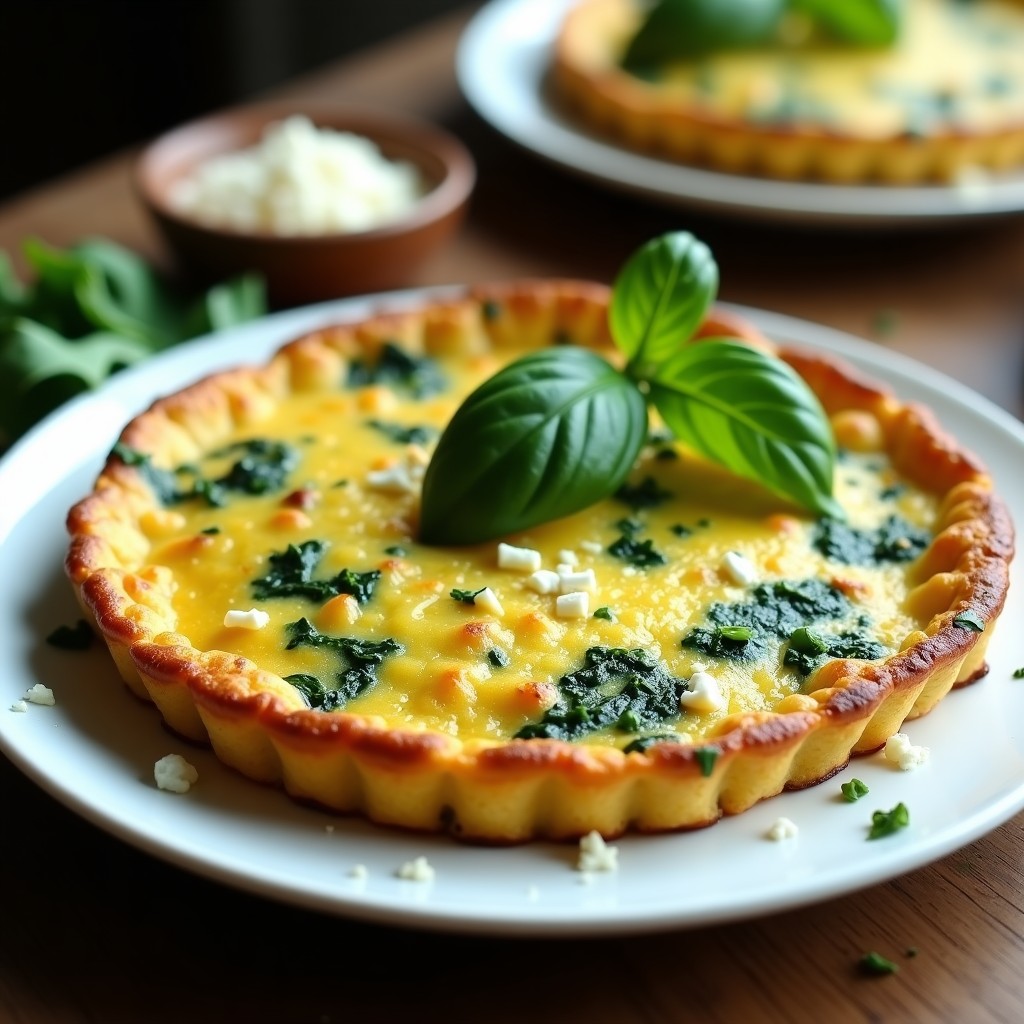 Tortilla dorada y esponjosa de espinacas y hierbas provenzales servida en plato blanco, con trozos de queso feta visibles y hierbas frescas decorando el borde, receta airfryer crujiente.