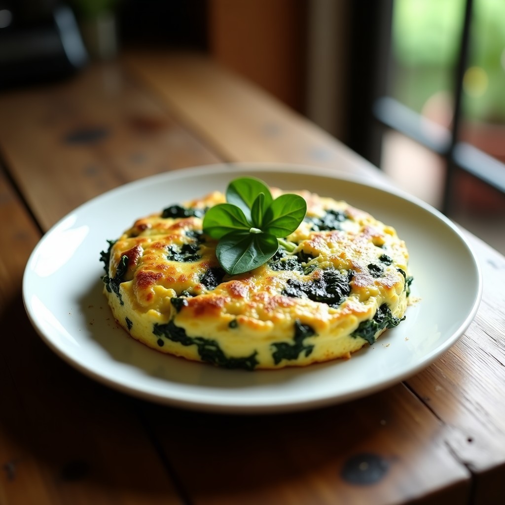 Tortilla esponjosa de espinacas y hongos ostra en molde redondo, dorada por encima, con trozos visibles de hongos y espinacas, servida en plato de cerámica blanca sobre fondo rústico de madera.