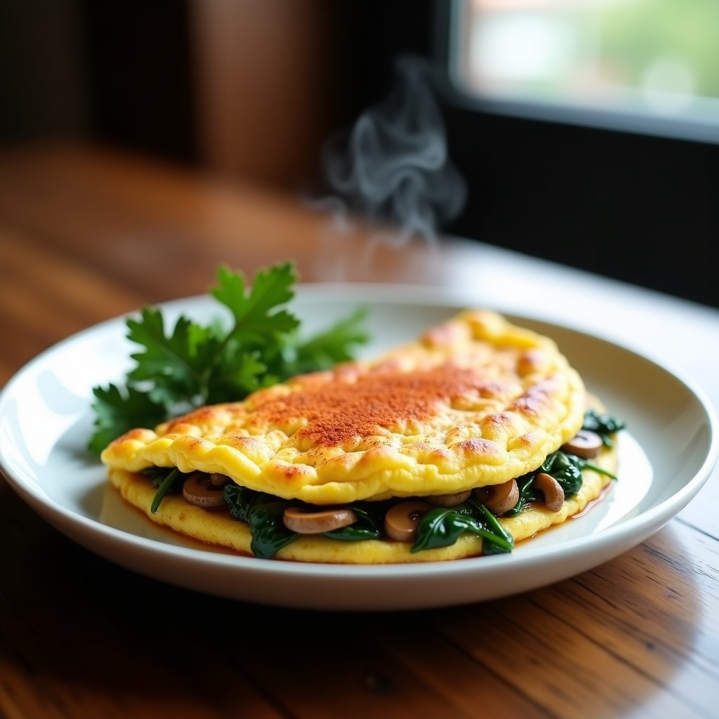 Tortilla dorada y crujiente con láminas de hongo ostra y espinacas salteadas, servida en plato blanco rústico con semillas de sésamo espolvoreadas. Receta umami rápida y alta en proteína.