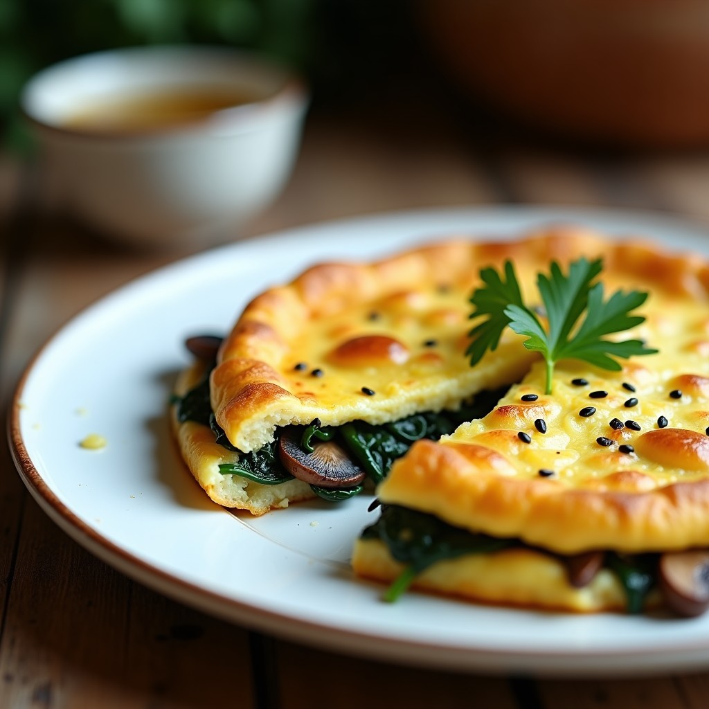 Tortilla dorada y esponjosa en plato blanco con espinacas y hongos shitake visibles, receta Thermomix sin lactosa.