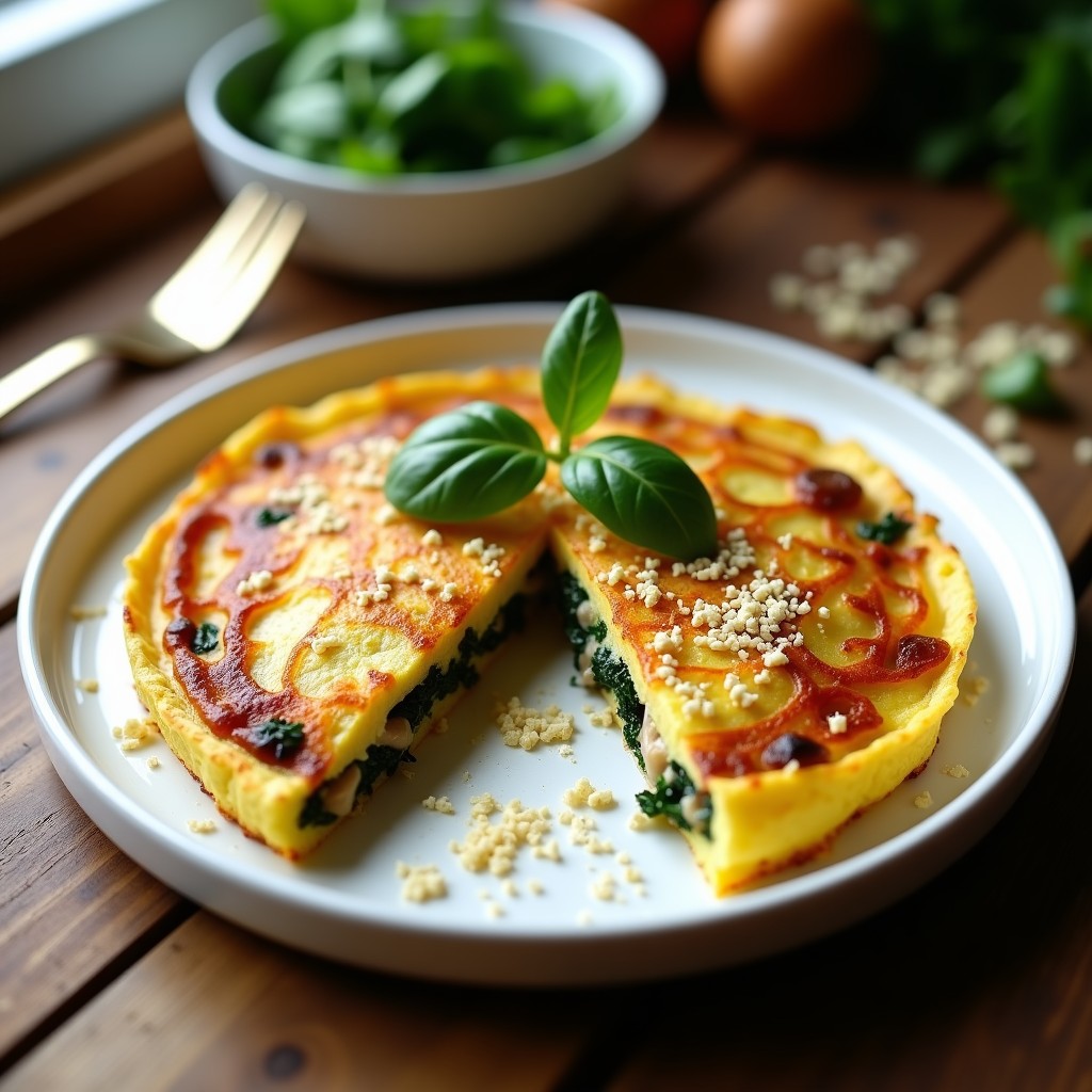 Tortilla dorada y esponjosa de espinacas y hongos ahumados servida en plato blanco, con textura cremosa por dentro y ligeramente crujiente por fuera, receta en ollas superpuestas.