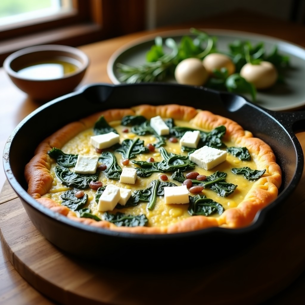 Tortilla dorada y esponjosa en sartén de hierro con espinacas verdes y hongos portobello ahumados, receta rápida alta en hierro.