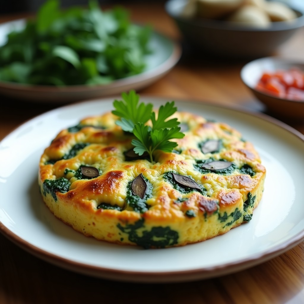 Tortilla vegana dorada y esponjosa con trozos visibles de espinacas y hongos portobello, servida en plato blanco rústico, receta de airfryer sin lácteos.