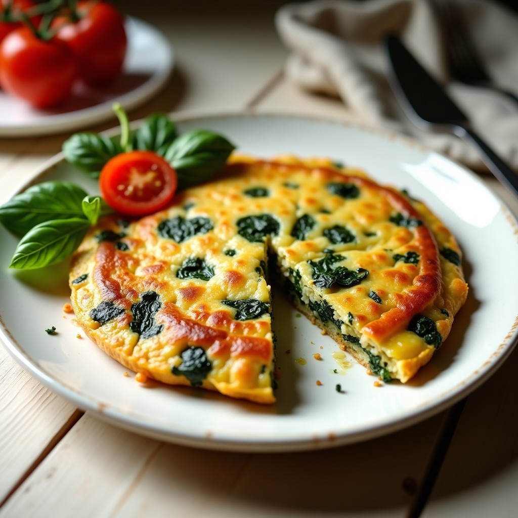Tortilla esponjosa dorada con espinacas y hongos portobello, receta en airfryer, servida en plato blanco rústico con rodajas de tomate fresco al lado.