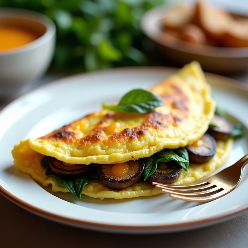 Tortilla keto dorada rellena de espinacas frescas y hongos portobello salteados, con queso cheddar fundido, servida en plato blanco con tenedor de madera.