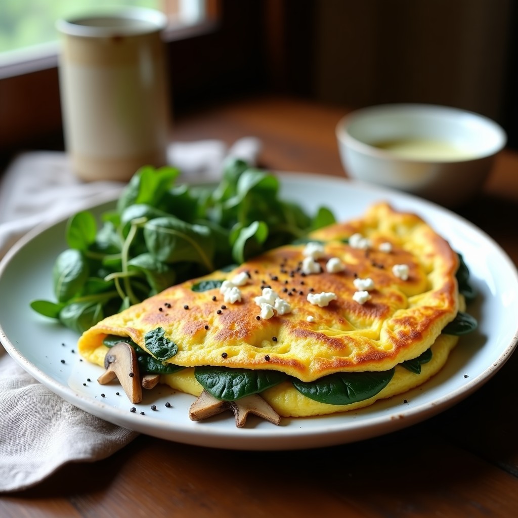 Tortilla esponjosa de espinacas y hongos portobello con queso de cabra, dorada por fuera y jugosa por dentro, servida en plato blanco rústico con ensalada verde de fondo.