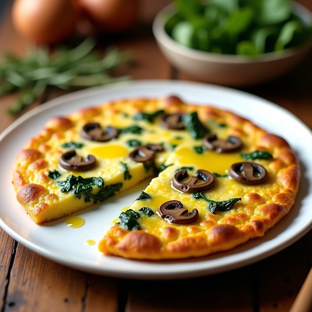 Tortilla dorada y esponjosa con trozos de hongos portobello y espinacas, servida en plato blanco con aceite trufado brillando en la superficie, receta sin lactosa.