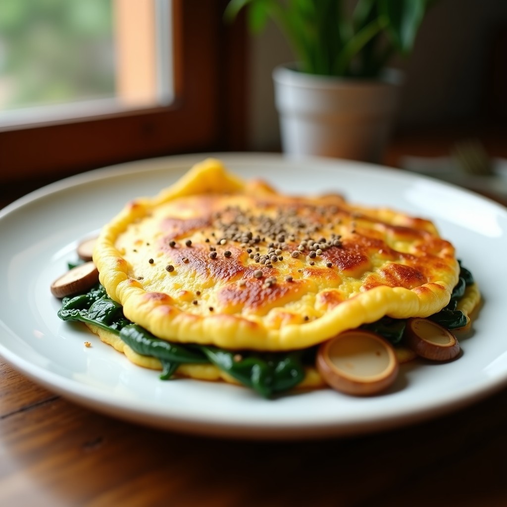 Tortilla dorada y esponjosa rellena de espinacas frescas y hongos shiitake, preparada en Thermomix, servida en plato blanco con fondo rústico.