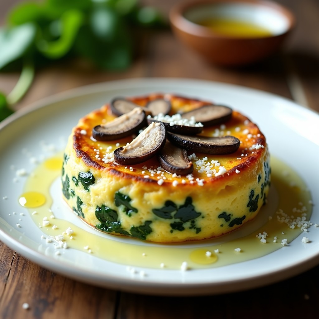 Tortilla dorada y esponjosa de espinacas y hongos trufados servida en plato blanco, con láminas de trufa negra y un hilo de aceite de trufa, receta en Thermomix.
