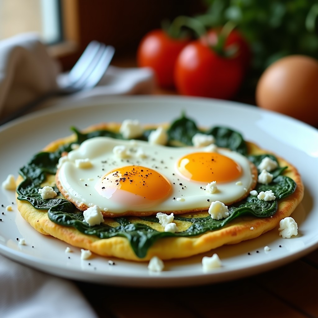 Tortilla esponjosa de espinacas con huevos poché en su superficie, queso feta desmenuzado y pimienta negra, servida en plato blanco sobre fondo rústico, receta airfryer.