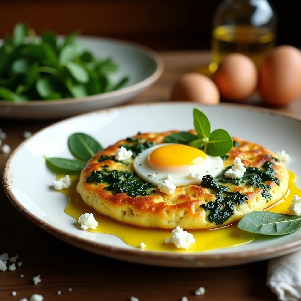 Tortilla dorada y esponjosa de huevos de codorniz con espinacas frescas salteadas, queso feta desmenuzado y un hilo de aceite de camelina, servida en plato blanco rústico.