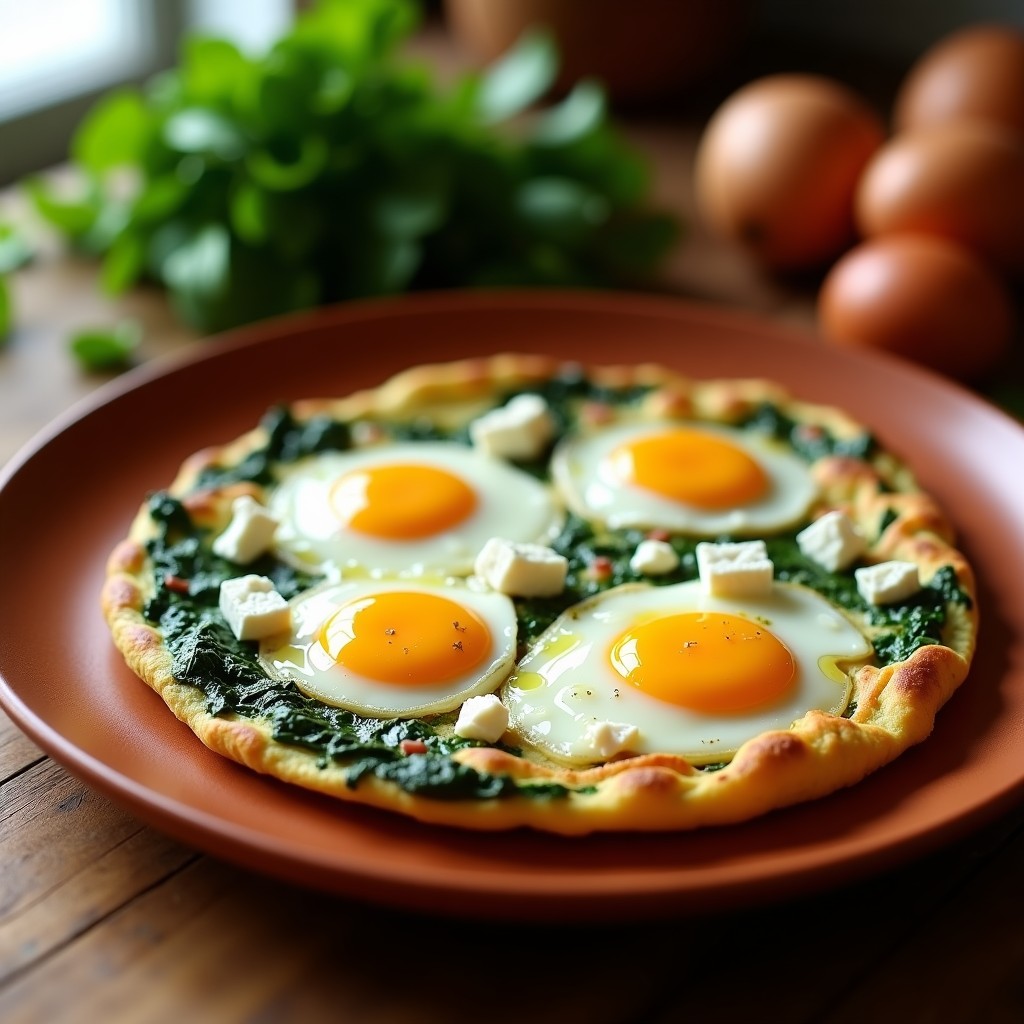 Tortilla de espinacas y huevos camperos dorada, con trozos de queso feta desmenuzado, servida en plato rústico de barro con fondo difuminado.