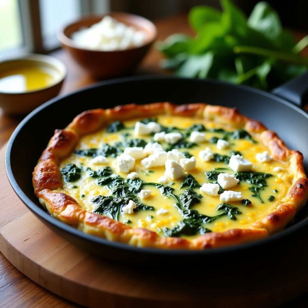Tortilla de espinacas y huevos dorada por fuera y jugosa por dentro, con trozos de queso feta desmenuzado y espinacas verdes salteadas. Plato sencillo y rápido en sartén antiadherente.
