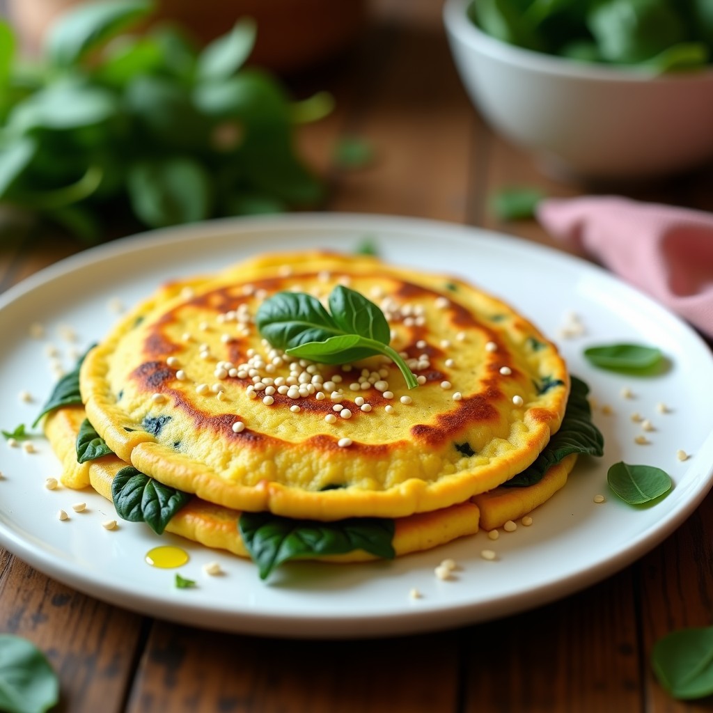 Tortilla vegana de espinacas sin huevo en plato blanco, dorada por fuera y esponjosa por dentro, con semillas de sésamo y aceite de oliva.