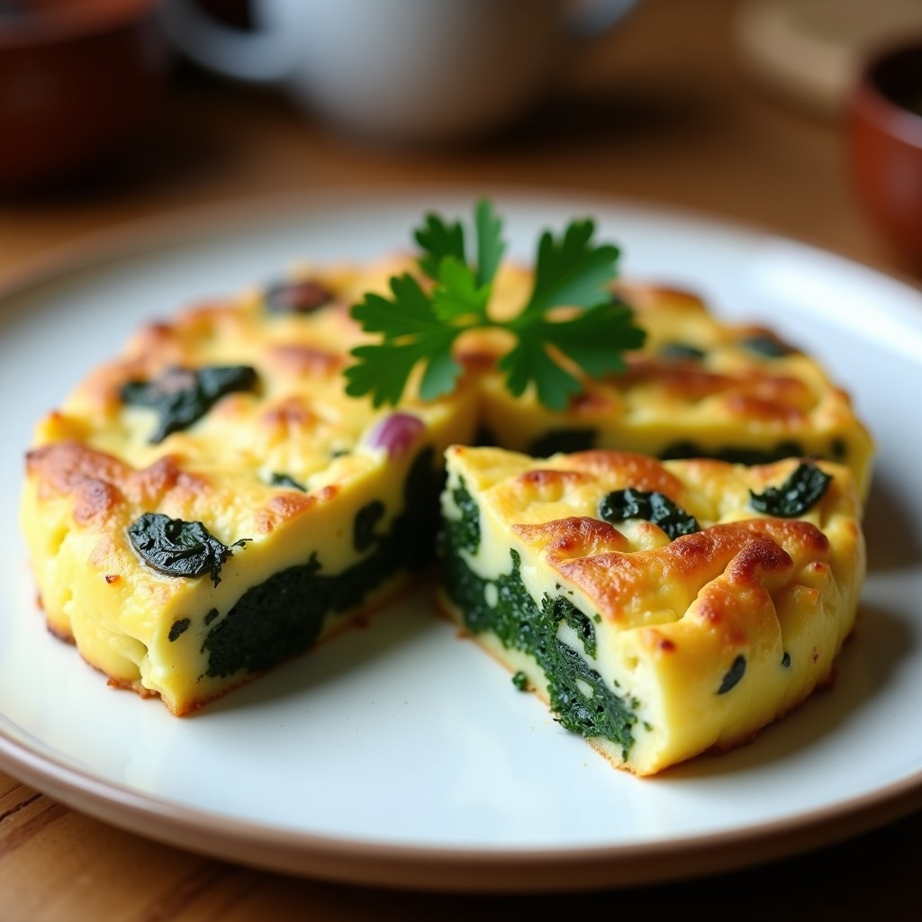 Tortilla dorada y esponjosa de espinacas y patata en olla lenta, cortada en porciones, con capas visibles de verduras y huevo cuajado, servida en plato blanco rústico.