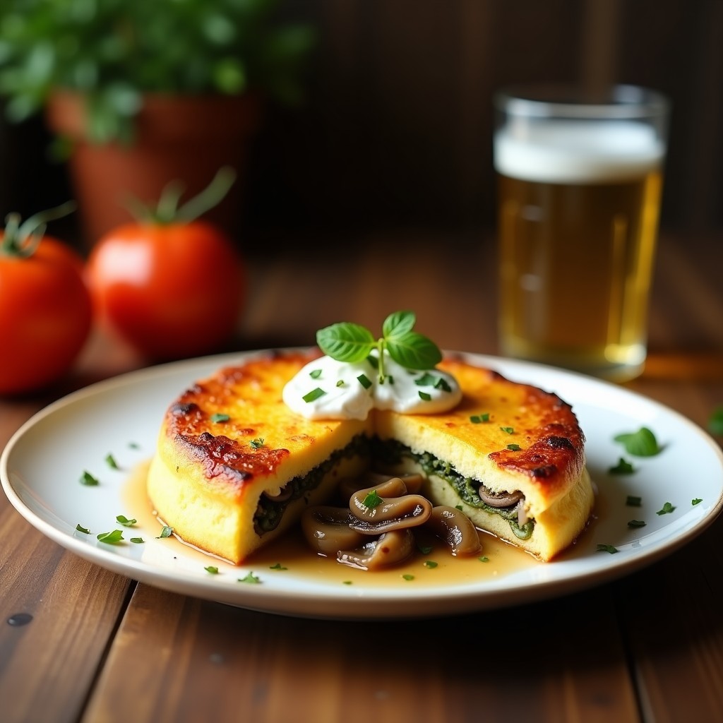 Tortilla dorada y esponjosa con láminas de champiñones portobello y espinacas, servida en plato blanco con toque de pimentón ahumado y queso de cabra cremoso, receta keto para desayuno.