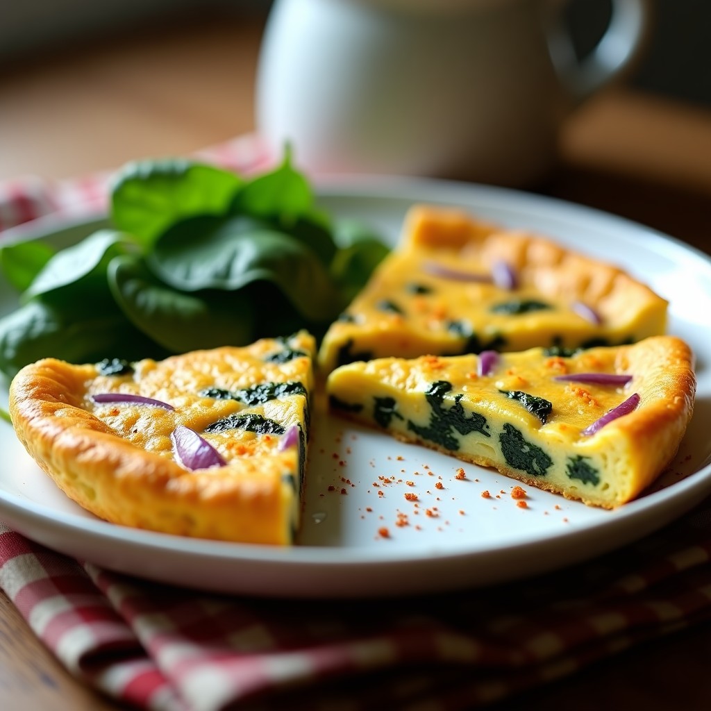 Tortilla dorada y esponjosa de espinacas y queso de almendras con pimentón picante, cortada en porciones, sobre un plato blanco rústico con hojas de espinaca fresca y un espolvoreado de pimentón. Receta keto rápida y saludable.