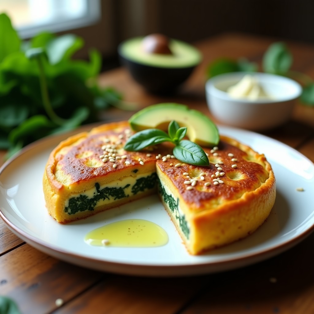 Tortilla dorada y esponjosa con base de harina de lentejas, rellena de espinacas verdes y queso de anacardo cremoso, servida en un plato blanco con rodajas de aguacate y semillas de sésamo espolvoreadas.