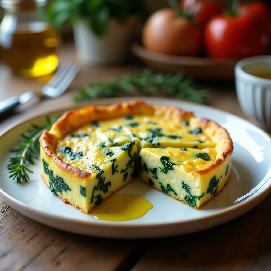 Tortilla dorada y esponjosa de espinacas y queso de cabra servida en un plato blanco, con trozos de queso fundido visibles y espinacas verdes integradas. Receta en olla lenta.