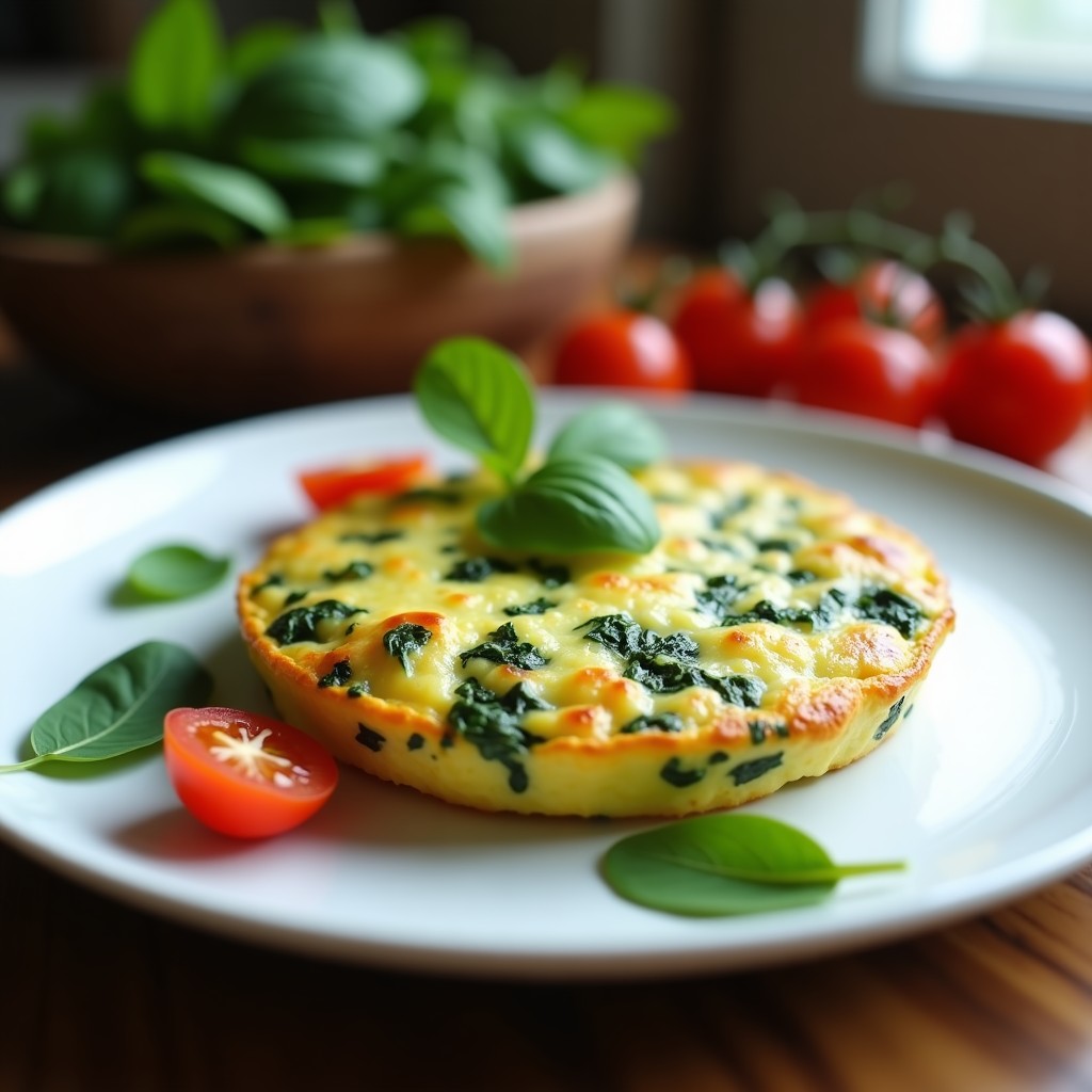 Tortilla dorada y esponjosa de espinacas y queso de cabra en Thermomix, servida en plato blanco con rodajas de tomate cherry al lado, receta express sin harina.